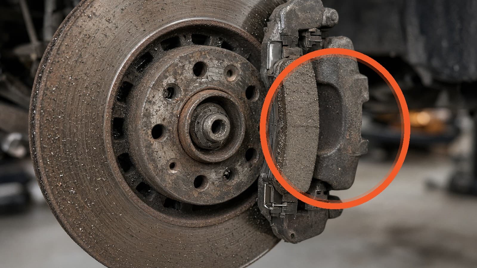 Front brake rotor and caliper with an orange markup ring around the brake pad