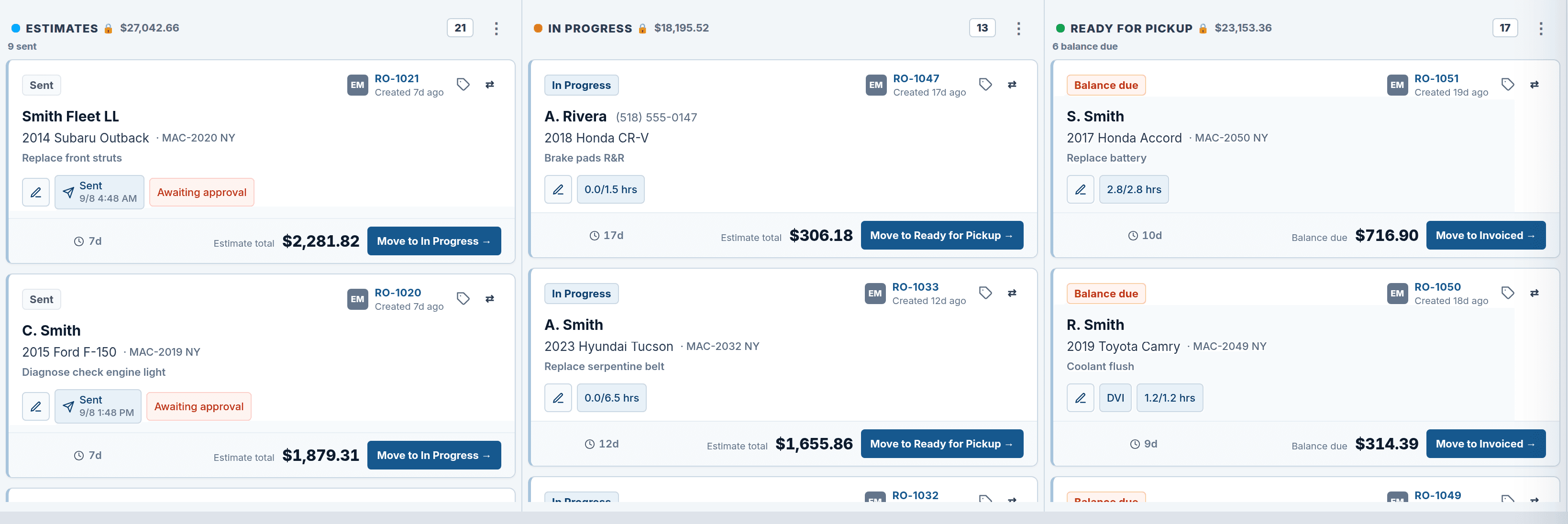 Live ShopRally SMS Work Board: Estimates, In Progress, and Ready for Pickup — RO-1047 · A. Rivera · 2018 Honda CR-V · Brake pads R&R sits in In Progress