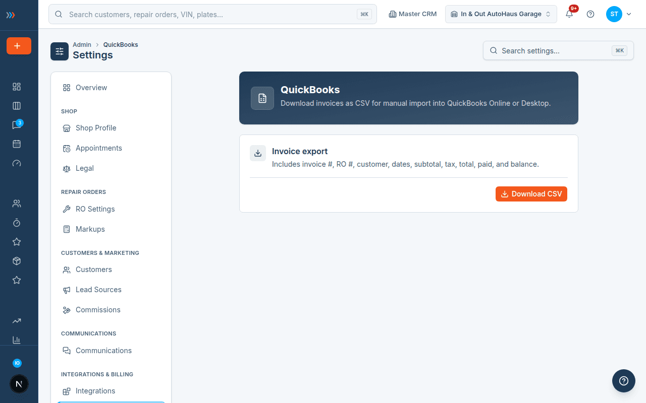 Live ShopRally Engine Settings: QuickBooks — Download invoices as CSV for manual import. Download CSV button. Not live sync.